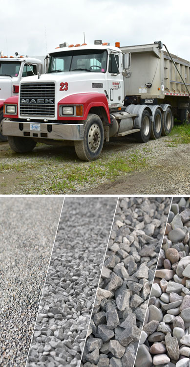 Dahle Enterprises' Dump Trucks lined in a row and a rows of various sized aggregate materials